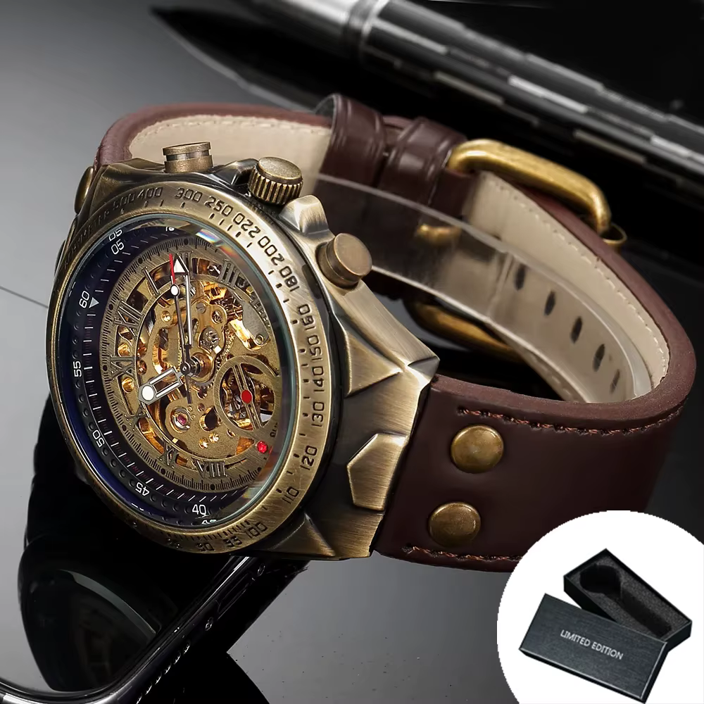 Montre mécanique automatique squelette rétro en Bronze pour hommes, main lumineuse marron, ceinture