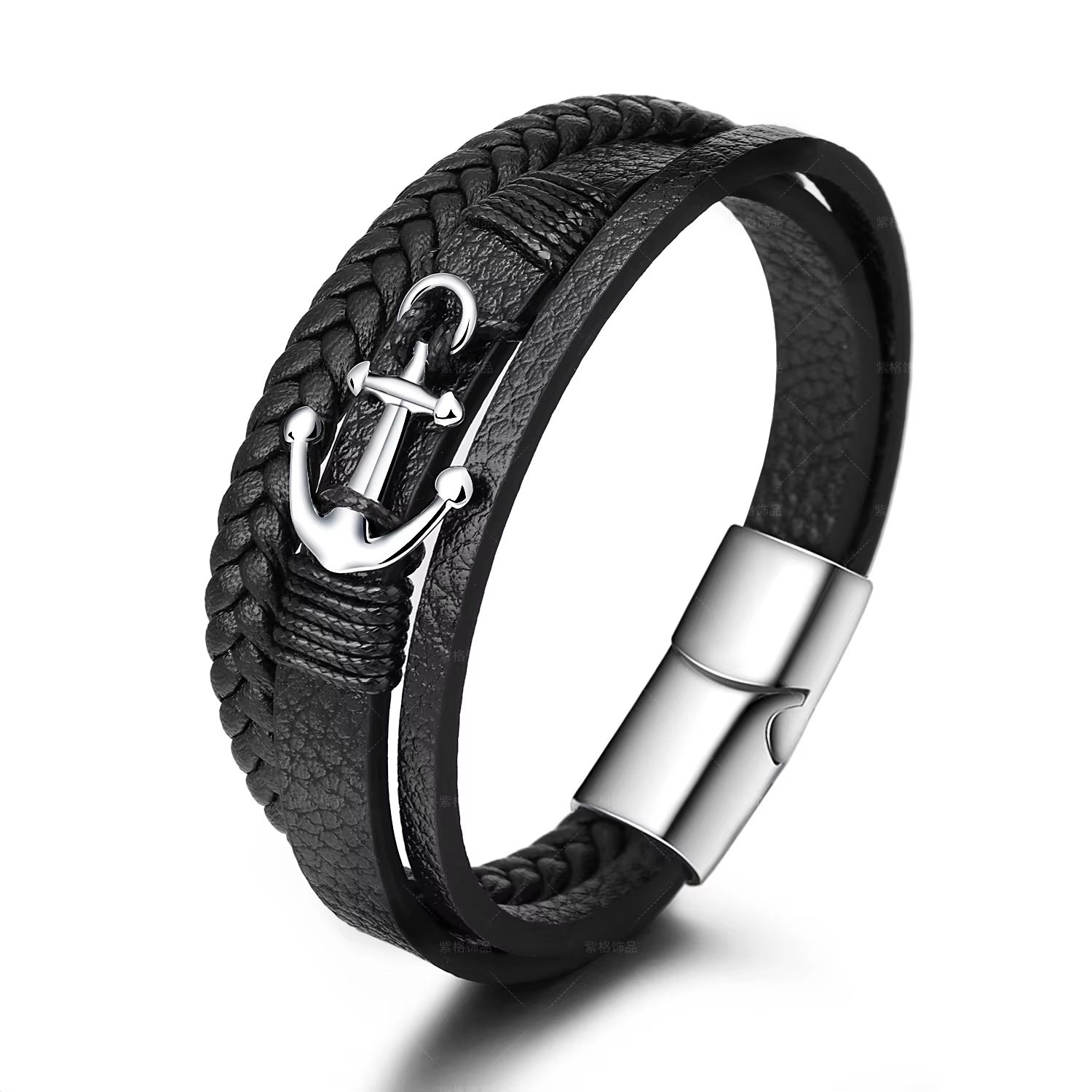 Bracelet ancre de bateau en acier et métal tissé pour hommes, en cuir fait à la main, personnalité à