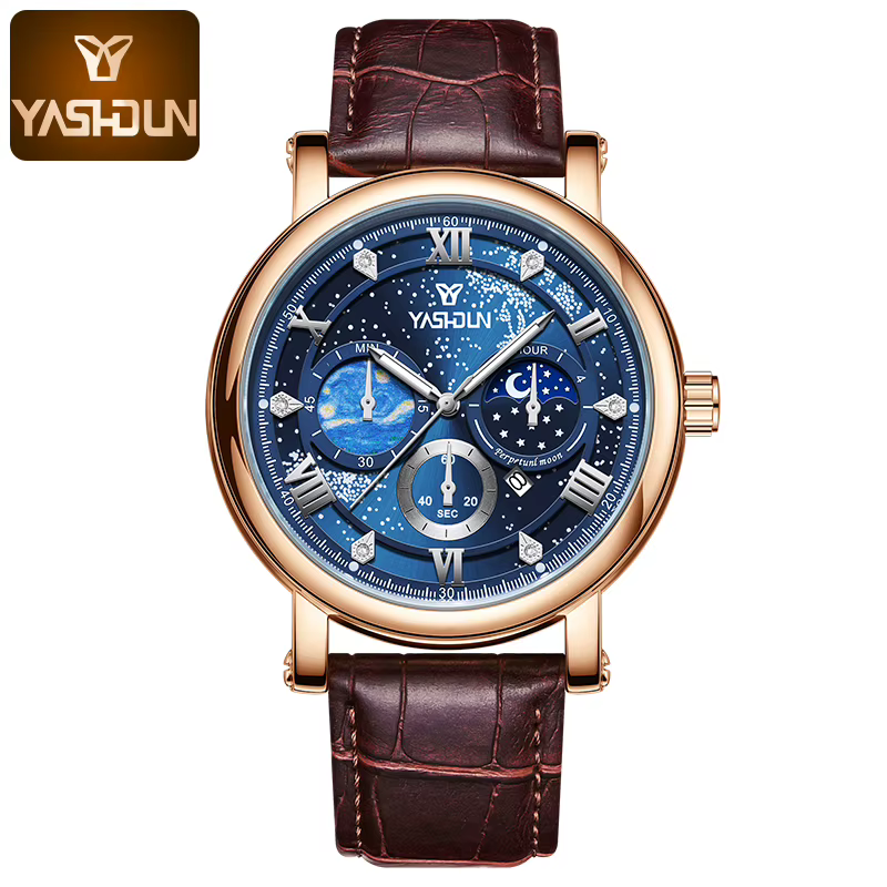 Montre-bracelet à quartz pour homme, chronographe, phases de lune, soleil et étoiles, étanche, origi