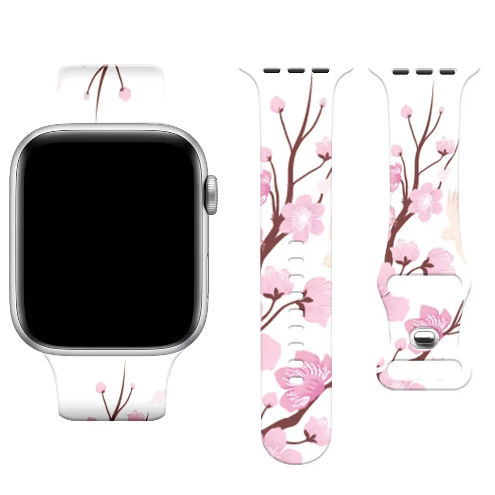 Bracelet Imprimé Floral pour Apple Watch, Série 10, 9, 8, 7, 4, SE Ultra Band, Bracelet Boucle Silic