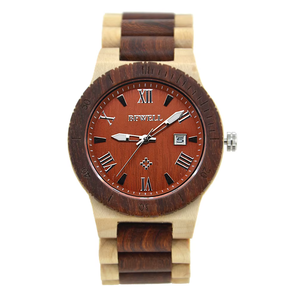Montre Bracelet Homme en Bois Cadran Rond Faite Main Légère Date Lumineuse Quartz pour Port Quotidie