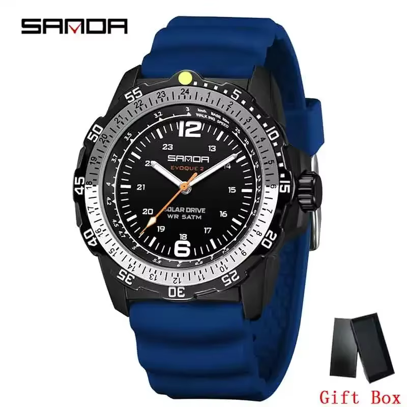 Montre solaire SANDA pour homme, cadran à quartz créatif, lunette rotative, aiguilles lumineuses, ét