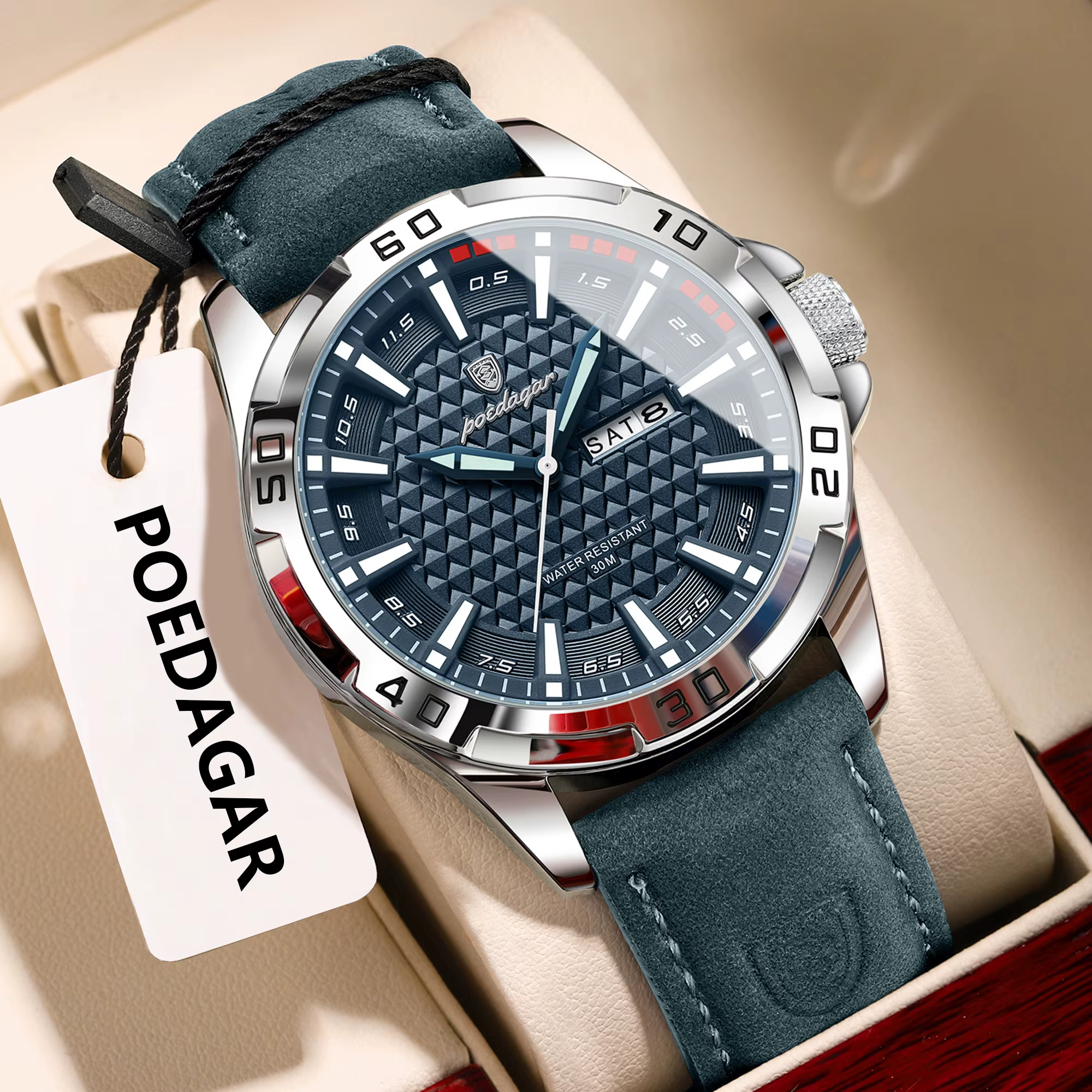 POEDAGAR Original hommes montre de luxe étanche lumineux Date semaine montre pour homme Quartz cuir
