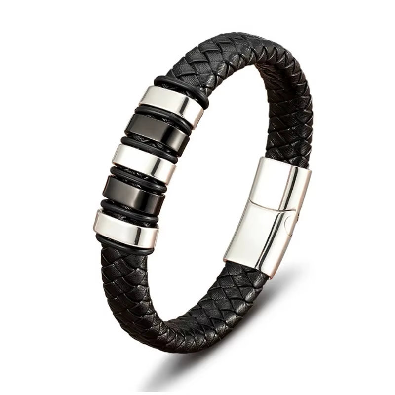 Bracelet pour homme en cuir noir tressé de luxe, acier inoxydable, charme de haute qualité, accessoi