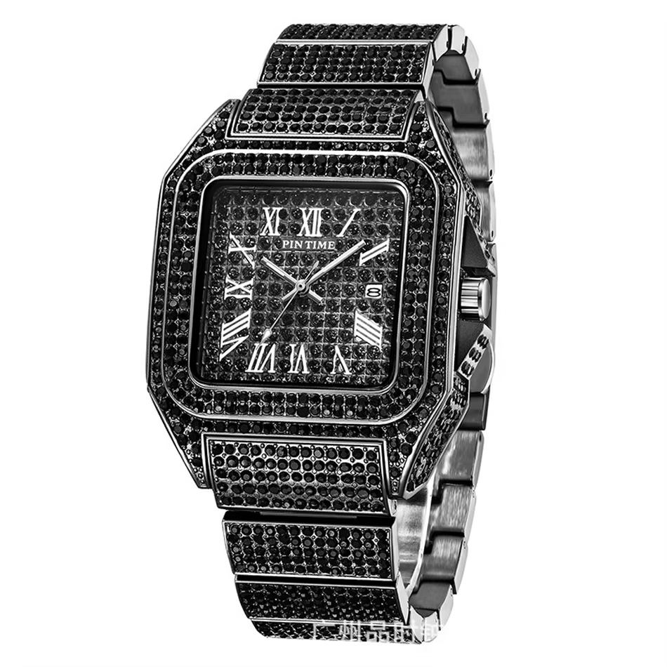 Montre carrée Ice Out dorée ou noire pour homme, montre de luxe haut de gamme entièrement sertie de 