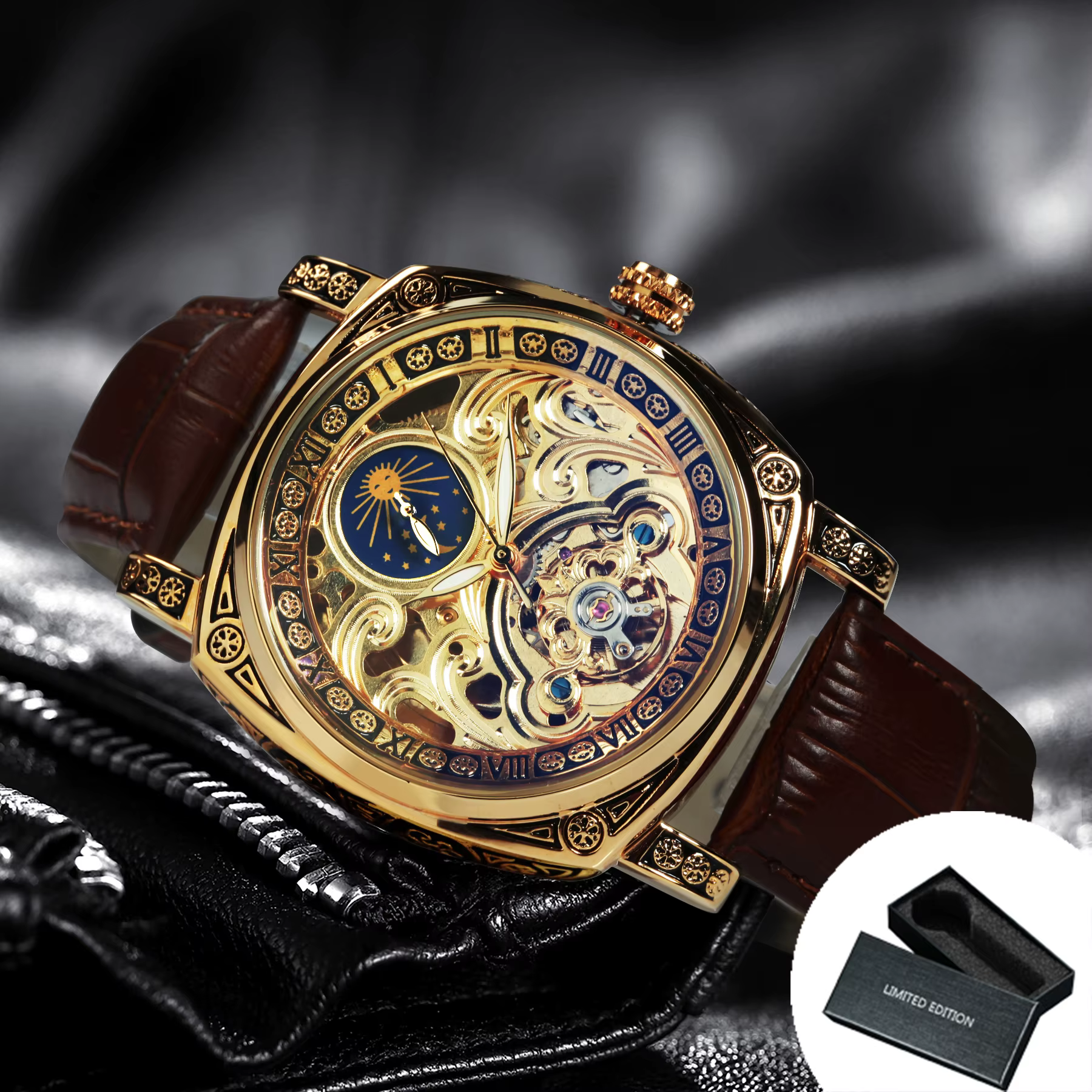 Montre de luxe AOKULASIC pour homme, phase de lune, tourbillon, squelette, automatique, mécanique, b