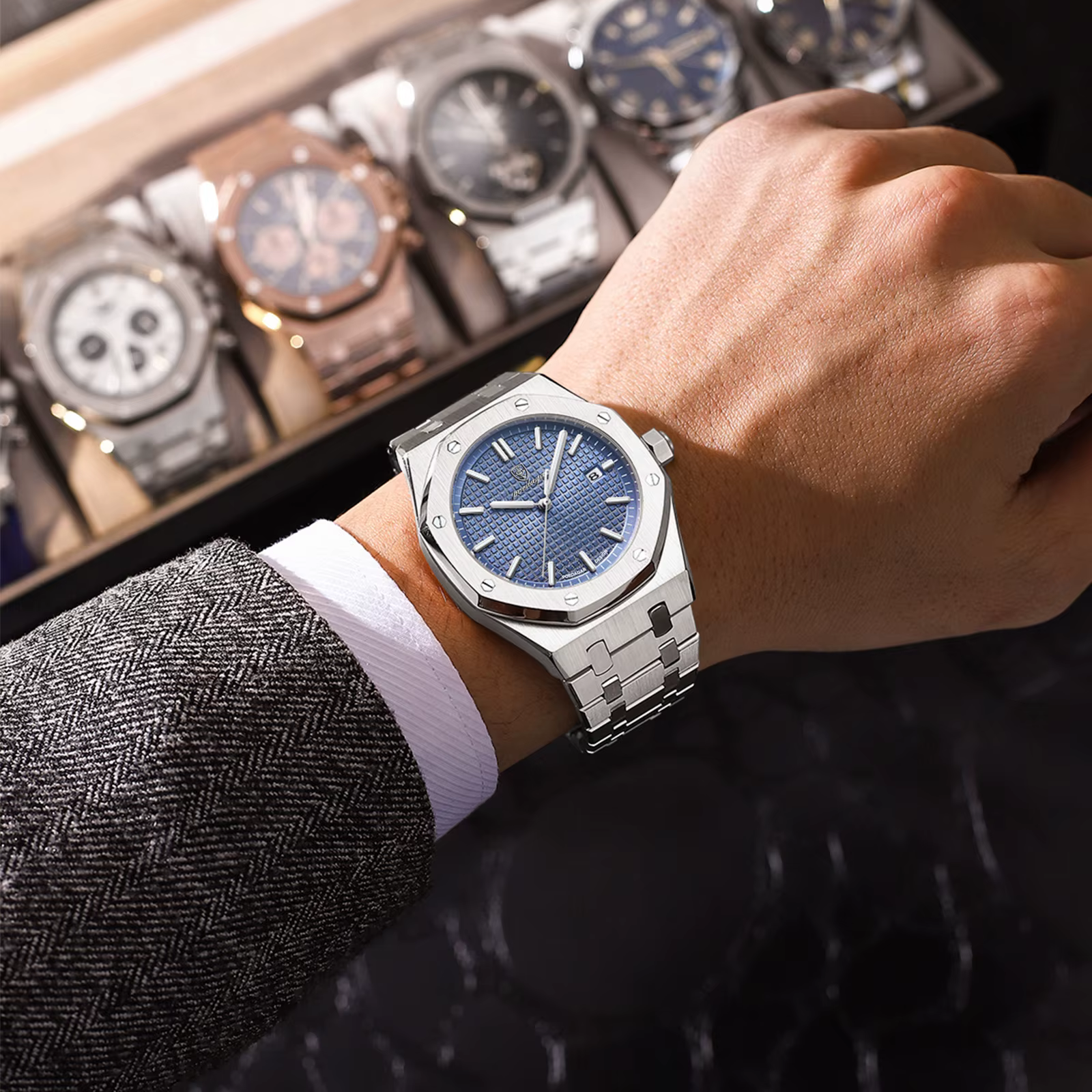 POEDAGAR Original luxe homme montre Date lumineux étanche en acier inoxydable hommes montre-bracelet