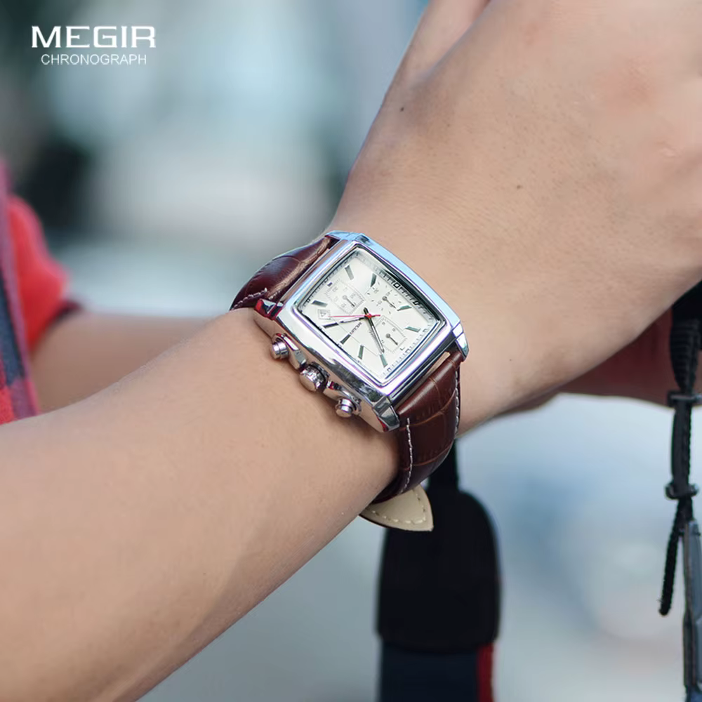 Megir cadran rectangulaire bracelet en cuir Montre pour hommes décontracté bleu chronographe montres