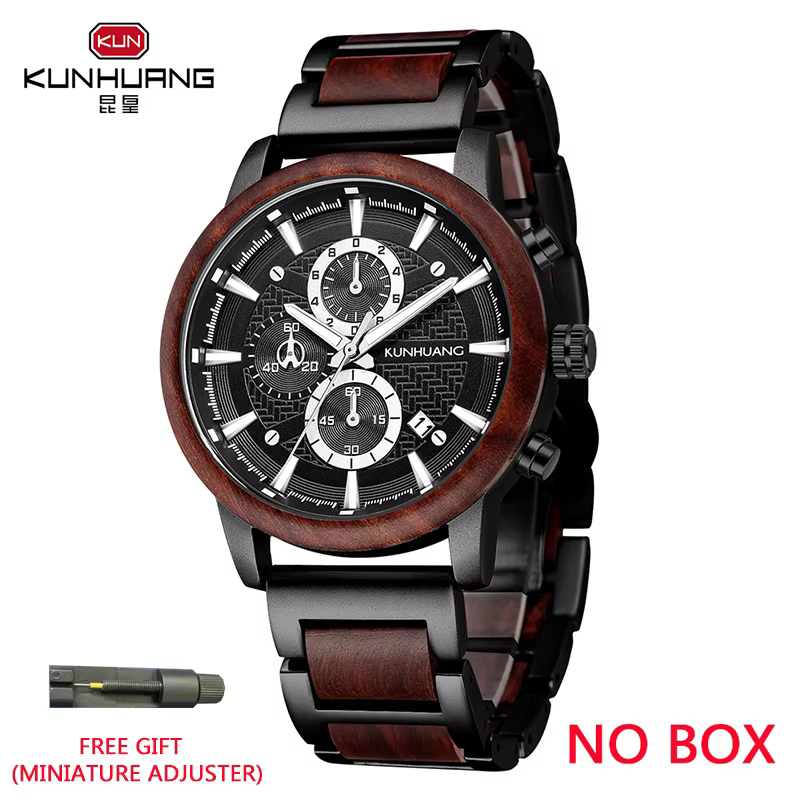 KUNHUANG montres en bois de luxe lumineux multi-fonction en bois hommes Quartz montre rétro mode Spo