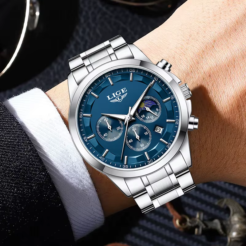 LIGE Quartz homme montre haut de gamme de luxe horloge d'affaires mode sport décontracté en acier in