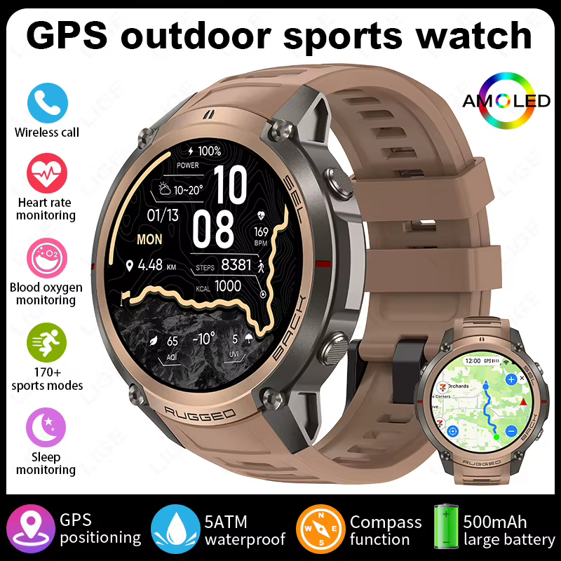 Montre connectée LIGE NEW GPS avec carte hors ligne, écran AMOLED HD de 1,43 pouce, étanche 5ATM, po
