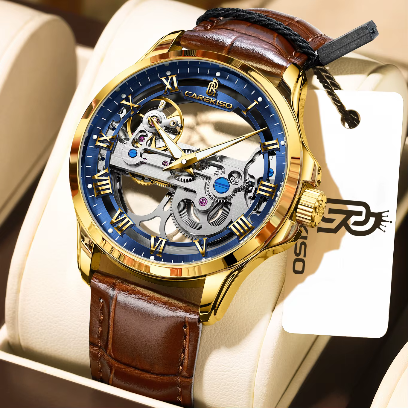 Montre Homme Automatique CAREKISO de Luxe en Cuir, Étanche, avec Tourbillon Creux, Style Décontracté