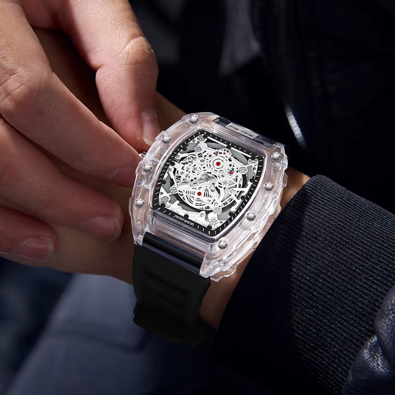 UTHAI BK134 montre à la mode pour hommes en forme de baril montre à quartz étanche transparente horl