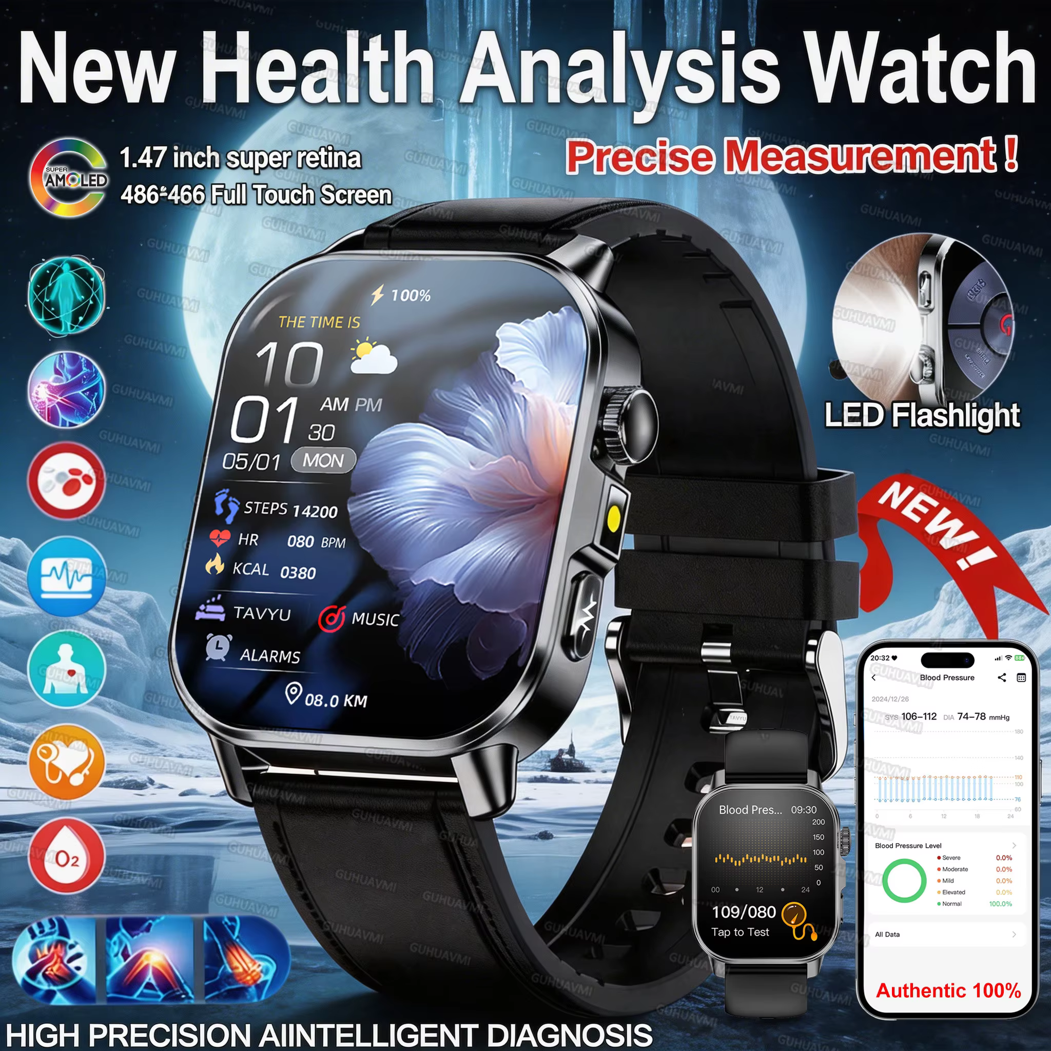 Nouvelle Montre Connectée 2026 pour l'Analyse de la Santé (Acide Urique & Lipides) avec ECG+PPG, App