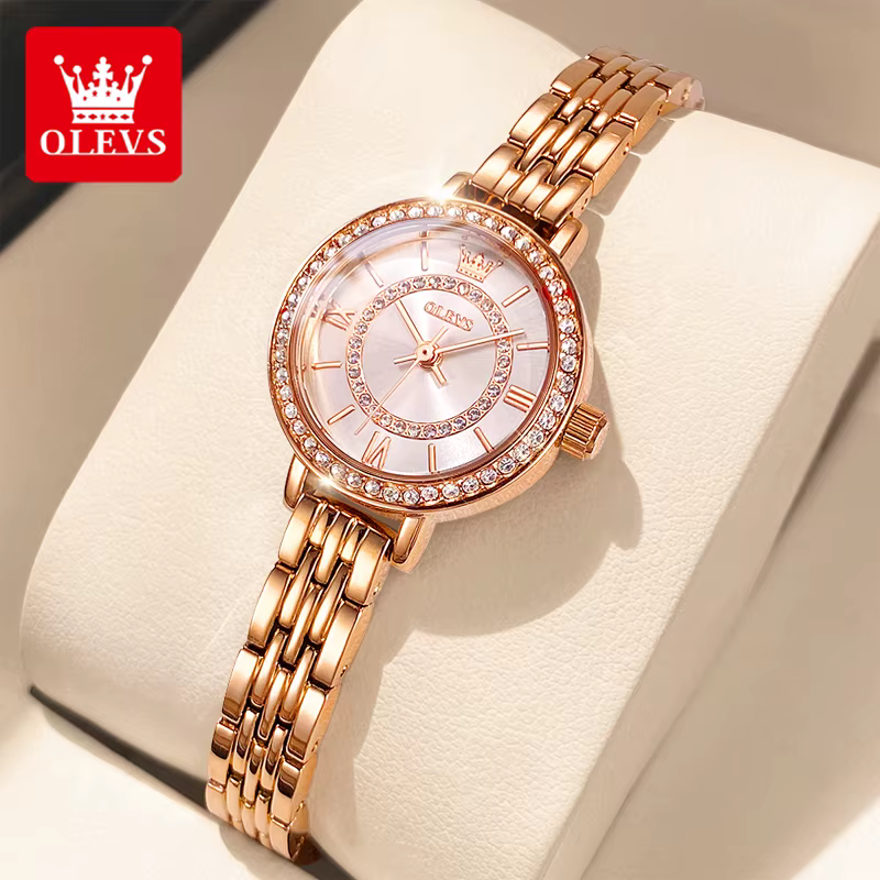 OLEVS-Montre en diamant pour femme, or rose, acier inoxydable, étanche, montre-bracelet élégante pou
