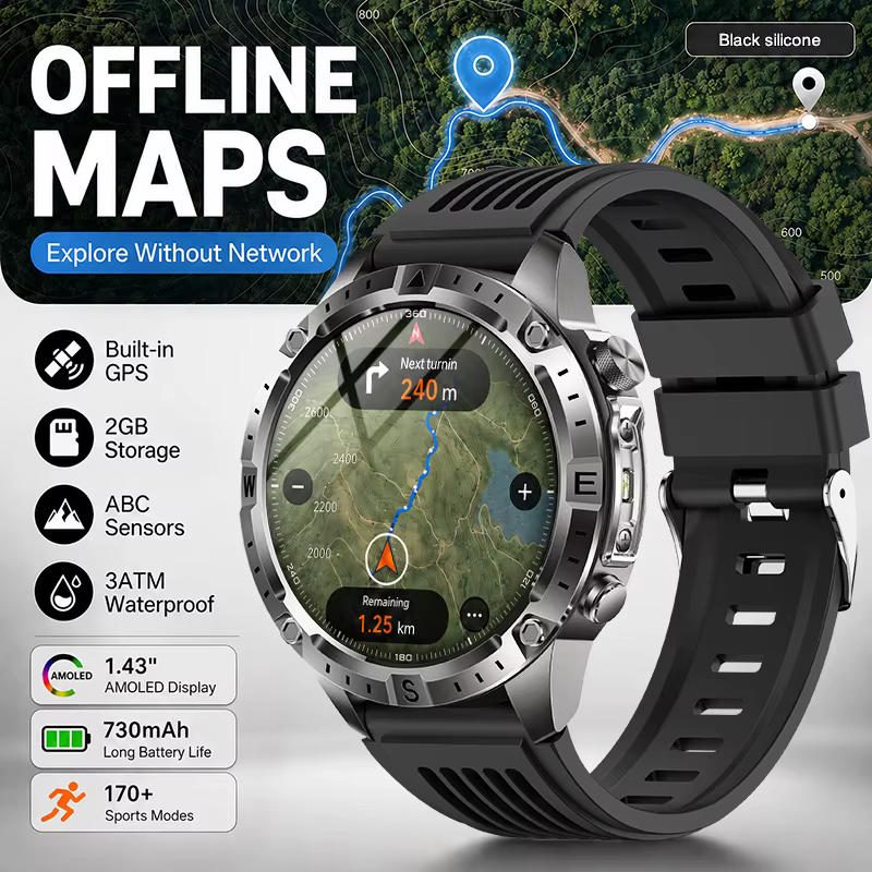 Nouvelle montre connectée GPS d'extérieur avec cartes hors ligne pour hommes, étanche 3ATM, 170+ spo