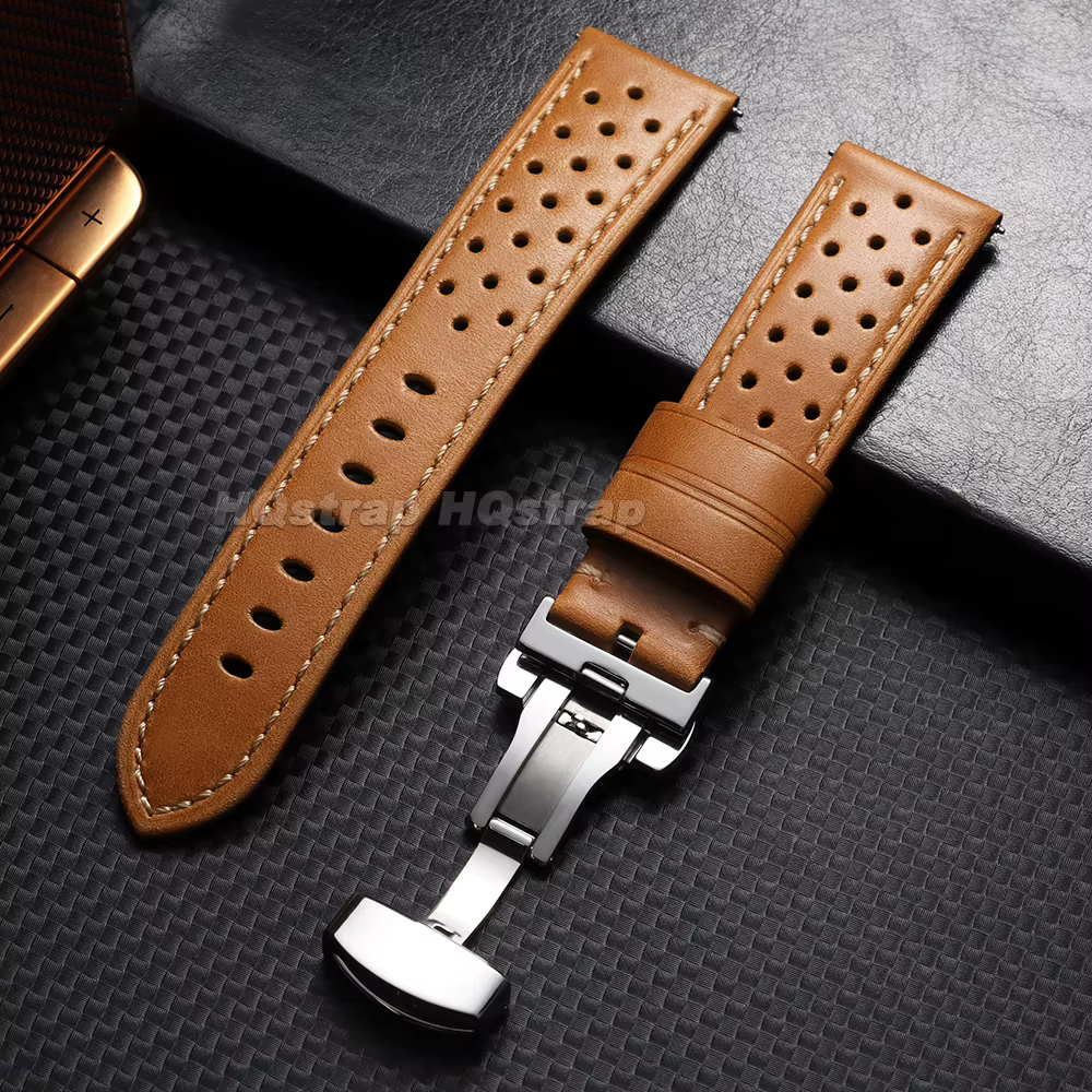 Bracelet de montre vintage 18mm 20mm 22mm en cuir perforé respirant style course avec fermoir papill