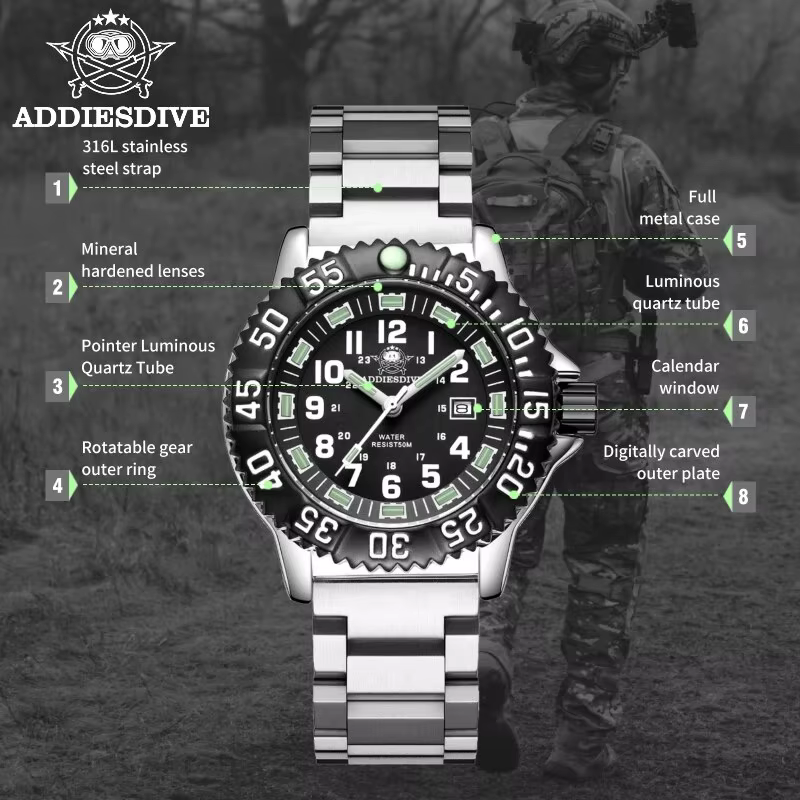 Addies Dive-Montre à quartz décontractée pour homme, affichage du calendrier, étanche 50m, tube, cad