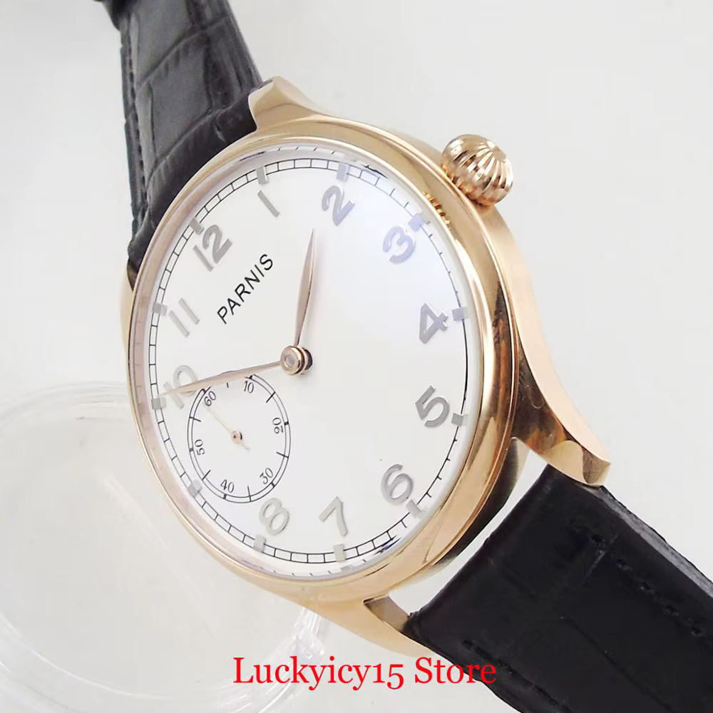 Montre-bracelet ronde à remontage manuel en or rose pour homme, cadran blanc, mouvement à main 6497,