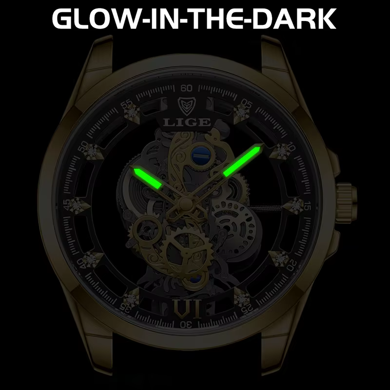 LIGE – montre à Quartz automatique pour hommes, squelette doré, Vintage, marque de luxe, 2026