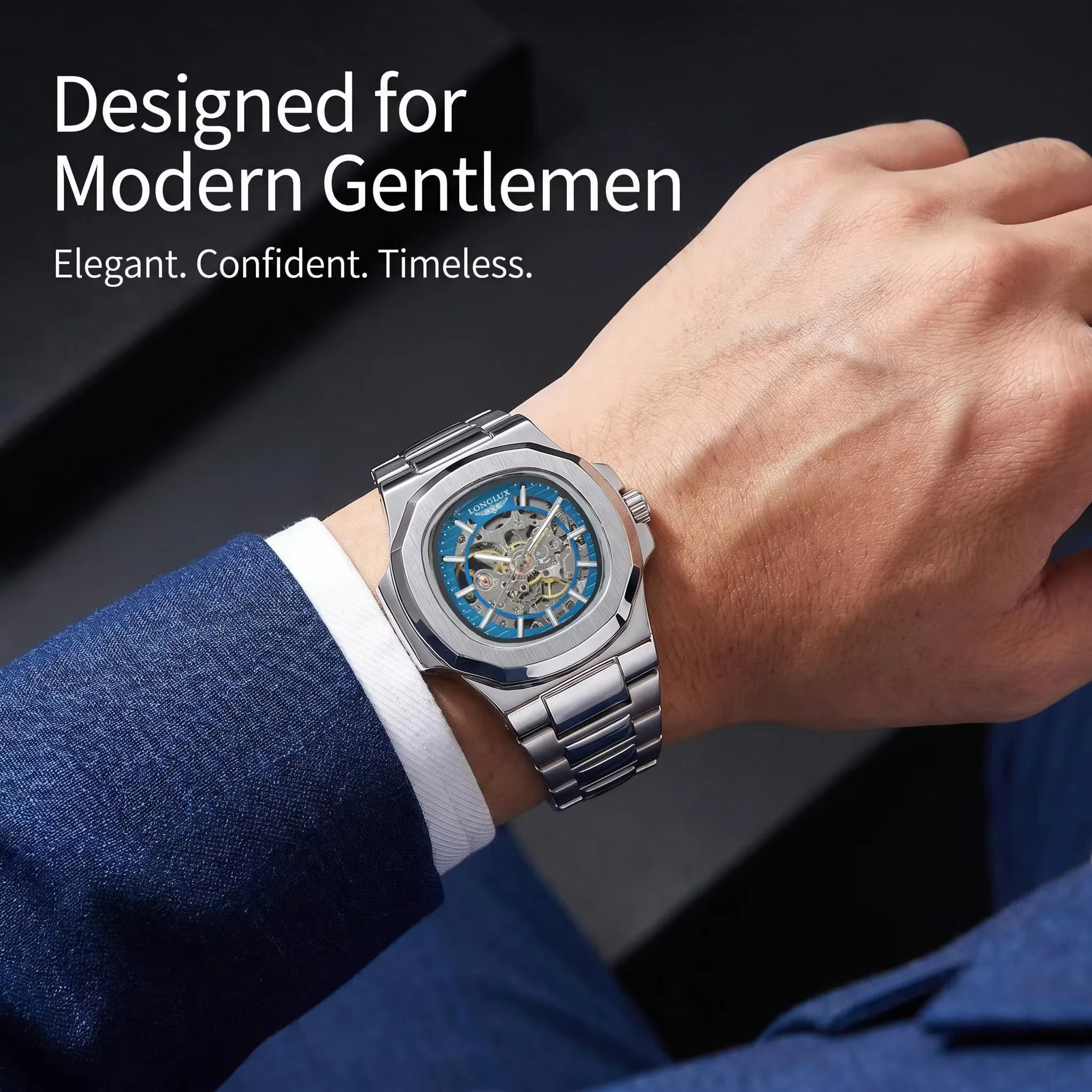 Montre automatique mécanique pour homme LONGLUX, montres de luxe, étanches, squelette, pour affaires