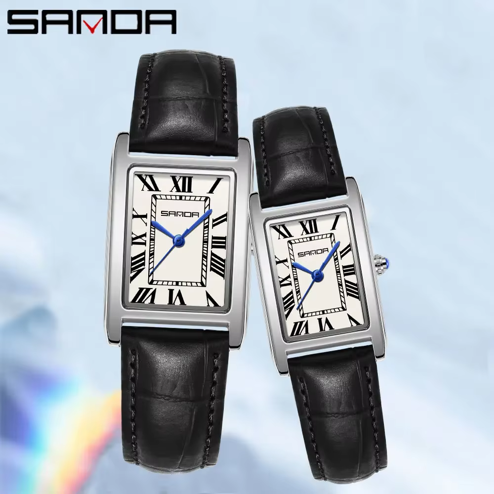 SANDA luxe réservoir Couple montre résistant à l'usure bracelet en cuir cadran carré étanche Sport d