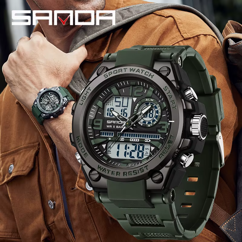 SANDA hommes sport montres à Quartz double affichage LED électronique numérique montres étanche mont