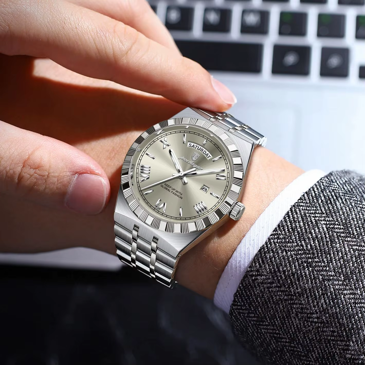 POEDAGAR luxe homme d'affaires montre semaine Date étanche montres lumineuses pour hommes en acier i