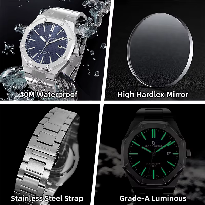 SAPPHERO montre pour hommes, bracelet en acier inoxydable, conception résistante à l'eau, calendrier