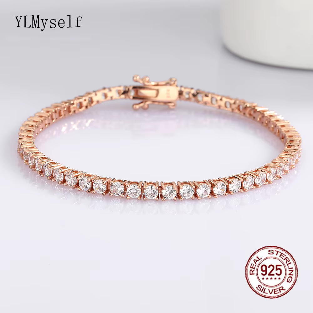 Bracelet tennis plaqué or rose en argent sterling 925 – Pavé Sparkly CZ de 3 mm, réglable 14 à 21 cm
