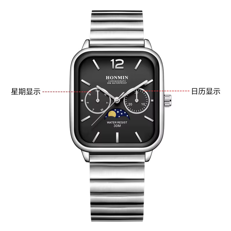 Montre multifonction carrée de petite taille avec phases de lune, montre pour homme et femme, étanch