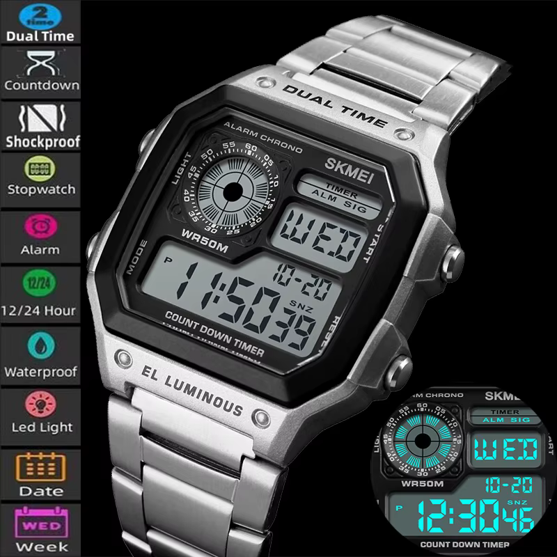 Skmei-Montre-bracelet de sport numérique pour homme, bracelet en acier inoxydable, chronographe LED,