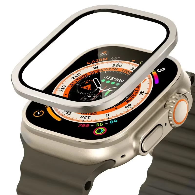 Verre trempé pour Apple Watch Ultra 49mm, cadre métallique en titane, film anti-rayures pour série U