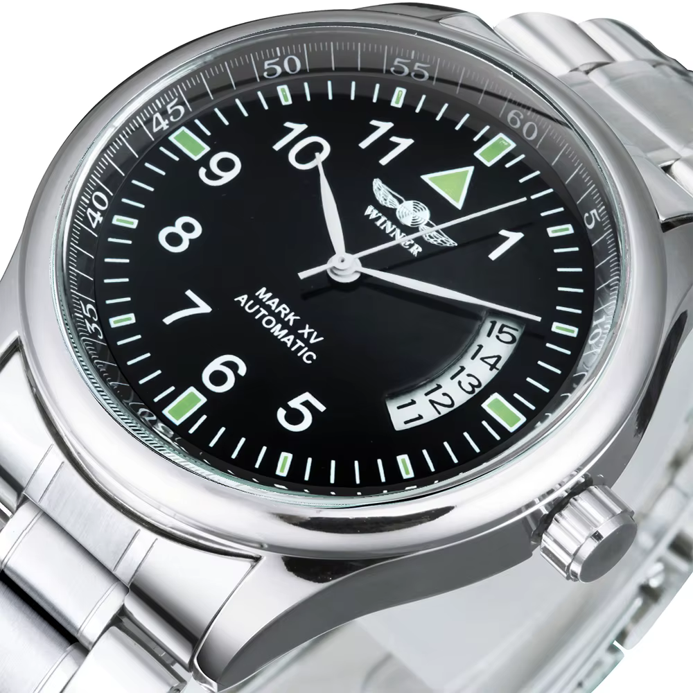 Montre automatique WINNER pour homme, fenêtre de calendrier, cadran noir tendance, bracelet en cuir