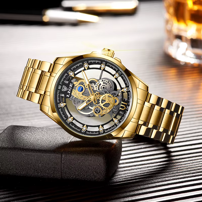 LIGE – montre à Quartz automatique pour hommes, squelette doré, Vintage, marque de luxe, 2026