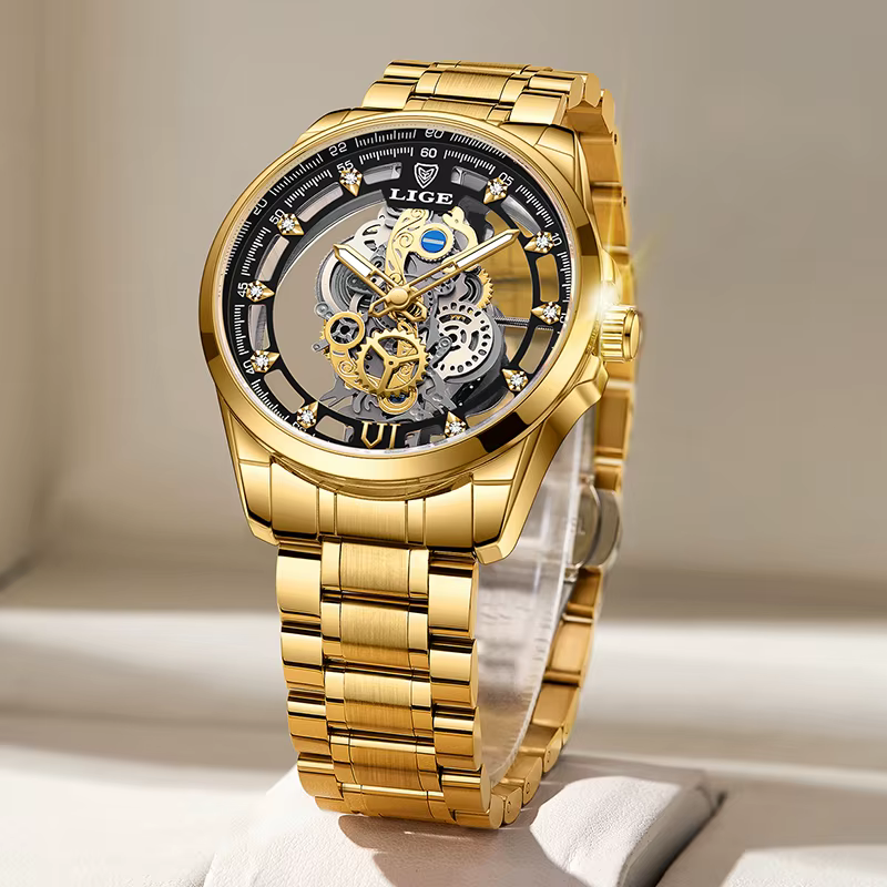 LIGE – montre à Quartz automatique pour hommes, squelette doré, Vintage, marque de luxe, 2026