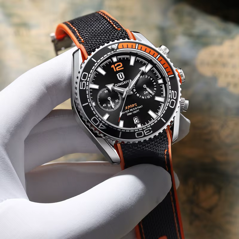Montre chronographe de sport pour hommes, lunette rotative, à Quartz, bracelet en Silicone, étanche,