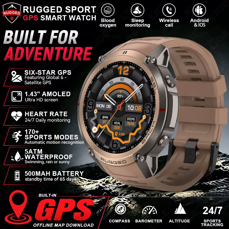 Montre connectée militaire GPS pour homme, avec boussole, montre de sport, fréquence cardiaque, appe