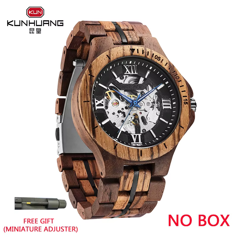 KUNHUANG Montre homme Montre automatique horloge mécanique en bois cadran squelette de luxe horloge 