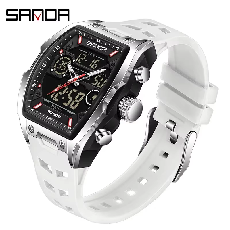 SANDA hommes double affichage montre électronique grand cadran sport LED analogique numérique chrono