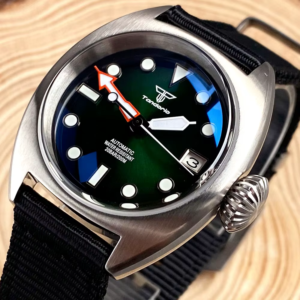 Montre mécanique de plongée militaire pour hommes, 36mm, NH35 AR, saphir bombé, Sunburst, vert/rouge