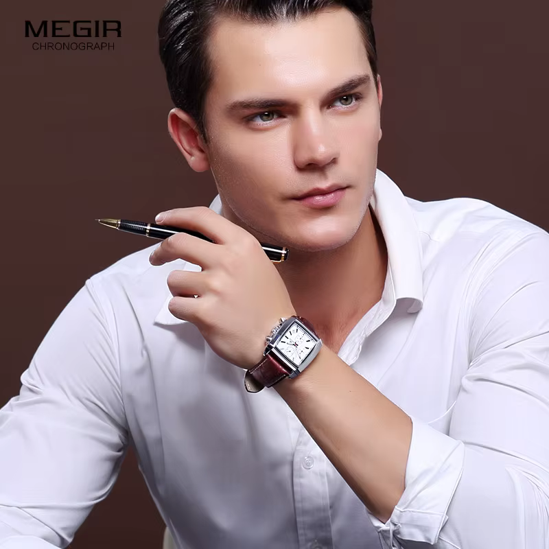 Megir cadran rectangulaire bracelet en cuir Montre pour hommes décontracté bleu chronographe montres