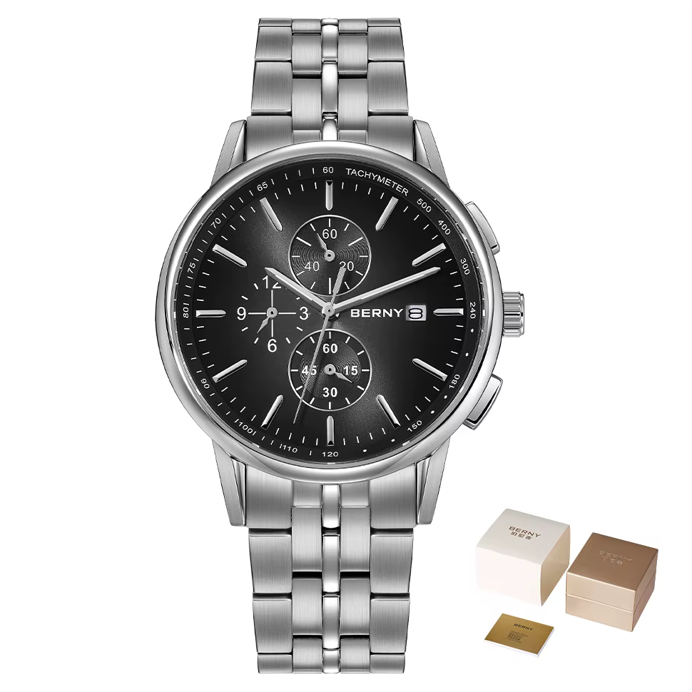 BERNY chronographe montres pour hommes 24 heures cadran MIYOTA OS10 multi-fonction en acier inoxydab