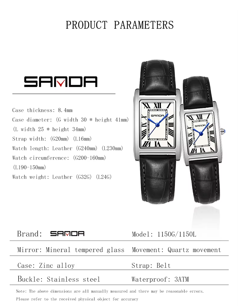 SANDA luxe réservoir Couple montre résistant à l'usure bracelet en cuir cadran carré étanche Sport d
