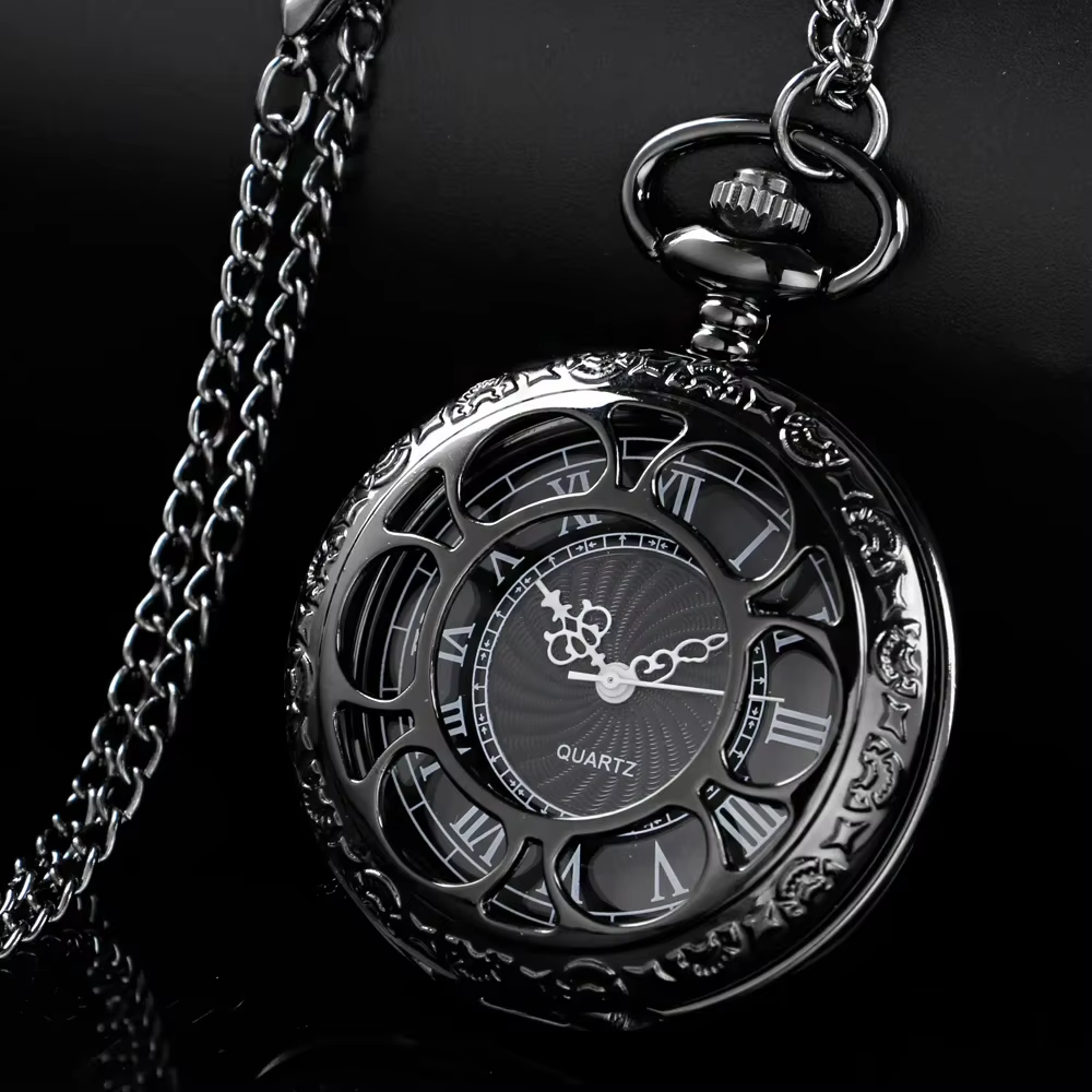 Montres de poche creuses noires pour femmes, unisexe, Vintage, squelette, Quartz, FOB, collier, pend