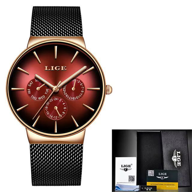 LIGE-Montre à quartz ultra fine étanche pour homme, montre-bracelet en acier maillé, horloge de spor