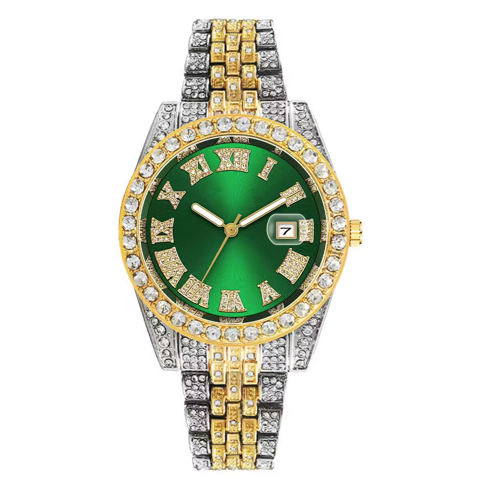 Montre de luxe Hip Hop en acier inoxydable pour hommes, couleur or, calendrier, strass pavés glacés