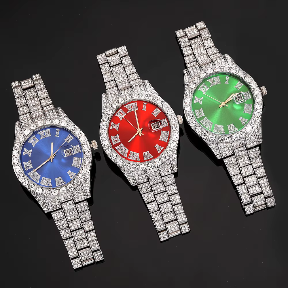 Ensemble de montres en argent pour hommes, 3 pièces, Hip-hop Punk incrusté de diamants + chaîne cuba