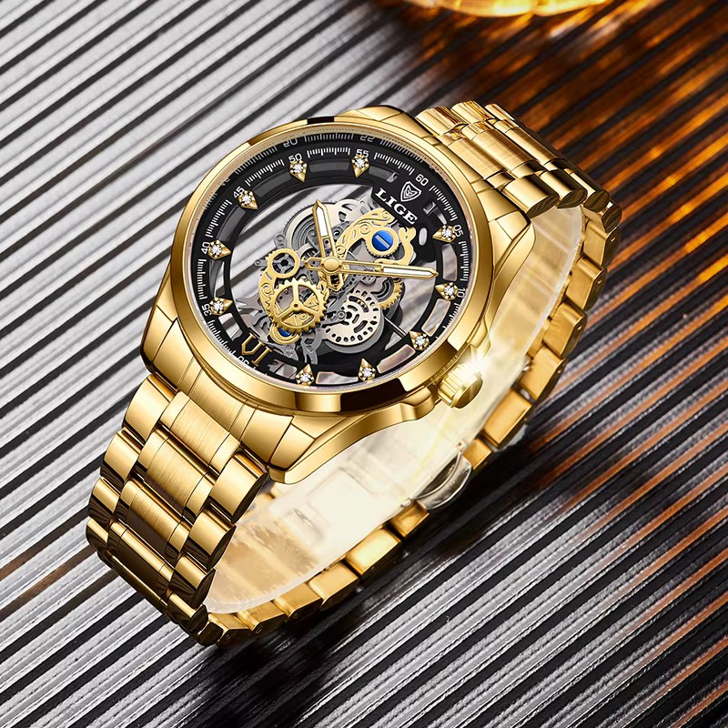 LIGE – montre à Quartz automatique pour hommes, squelette doré, Vintage, marque de luxe, 2026