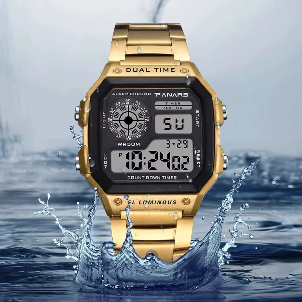 PANARS-Montre-bracelet de sport numérique étanche pour homme, bracelet en acier inoxydable, rétro-éc